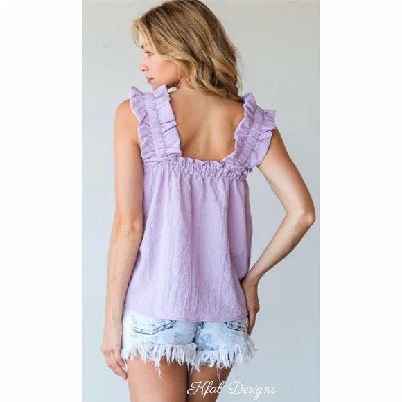 ❤️LAST ONE! Lavender Ruffled Elastic Shoulder Cotton Spring Top! - Picture 4 of 5